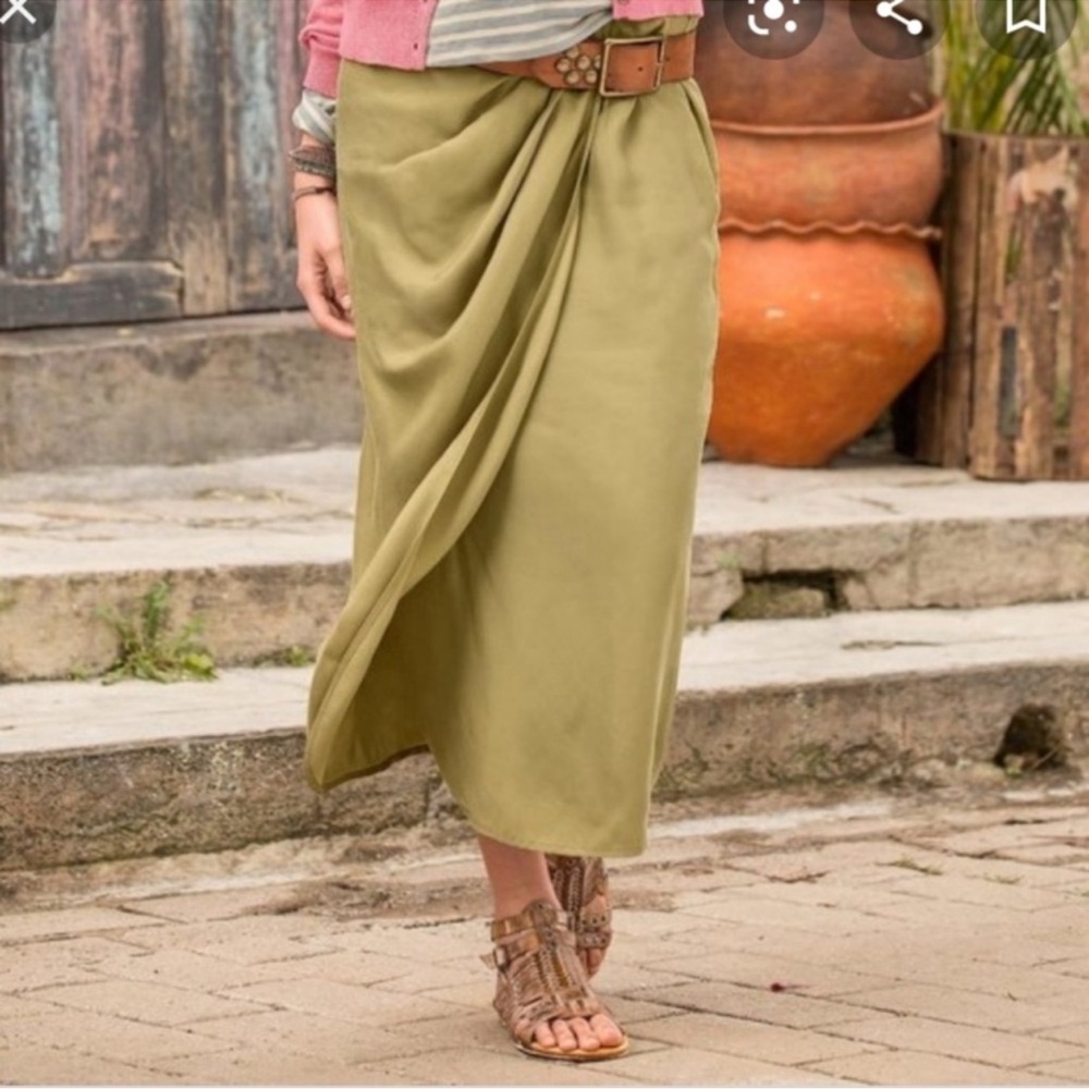 Sundance Serengeti Sz 10 Women’s Cupro Blend Faux Wrap Olive Maxi‎ Midi Skirt